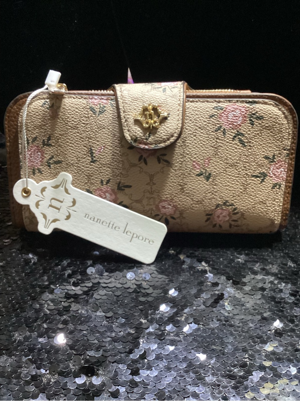 Nanette Lepore Beige Floral Continental Wallet with Gold Trim
